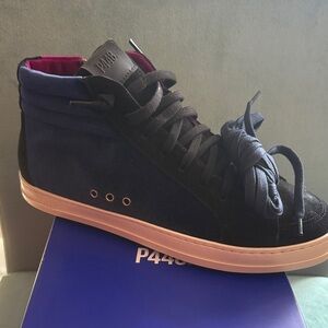P448 women’s High-Top Sneaker in Navy, Black, and Magenta Velvet & extra laces